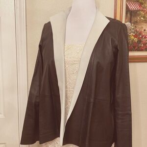 Lafayette 148 Black And White  Genuine Leather Open Front Blazer Jacket Size L
